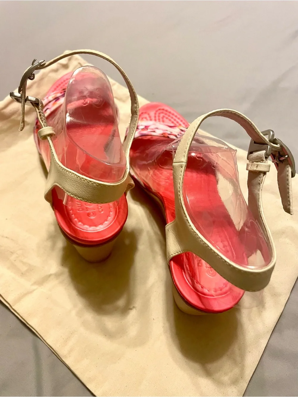CROCS Pink Floral Wedge Sandals with Cream Ankle Strap